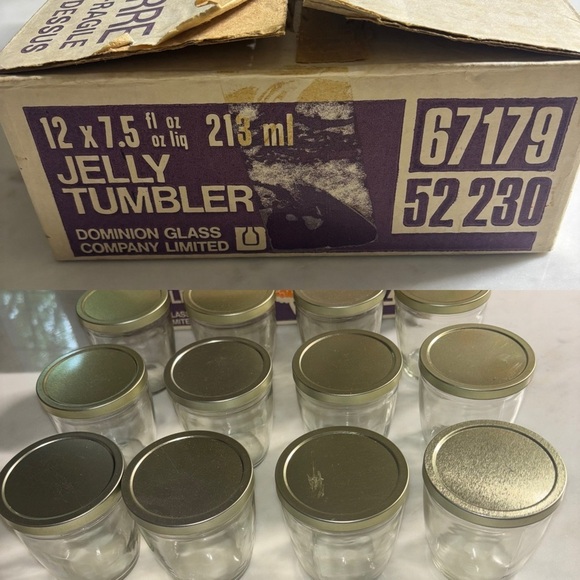 Vintage case of 12 Dominion glass 7.5 oz jelly tumblers / glasses with lids - Picture 1 of 13